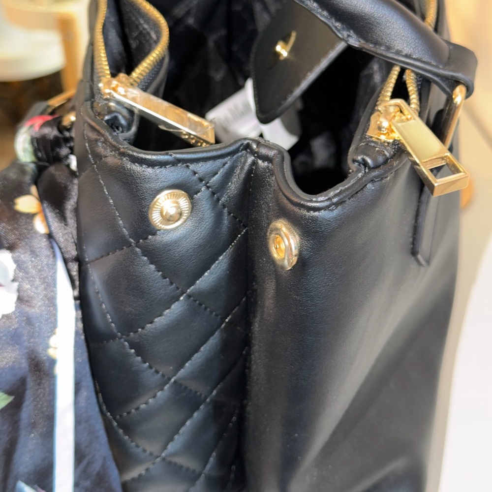 ALDO Black Quilted Shoulder Bag with Floral Scarf - Picture 9 of 14